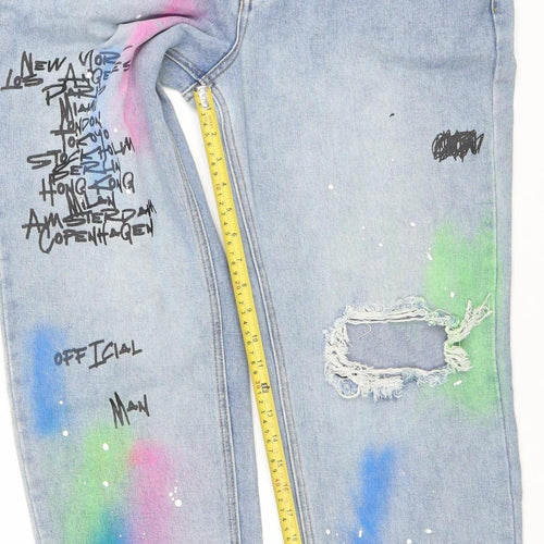 boohooMAN Men's Blue Distressed Spray Paint Graphic Straight Jeans Size 30