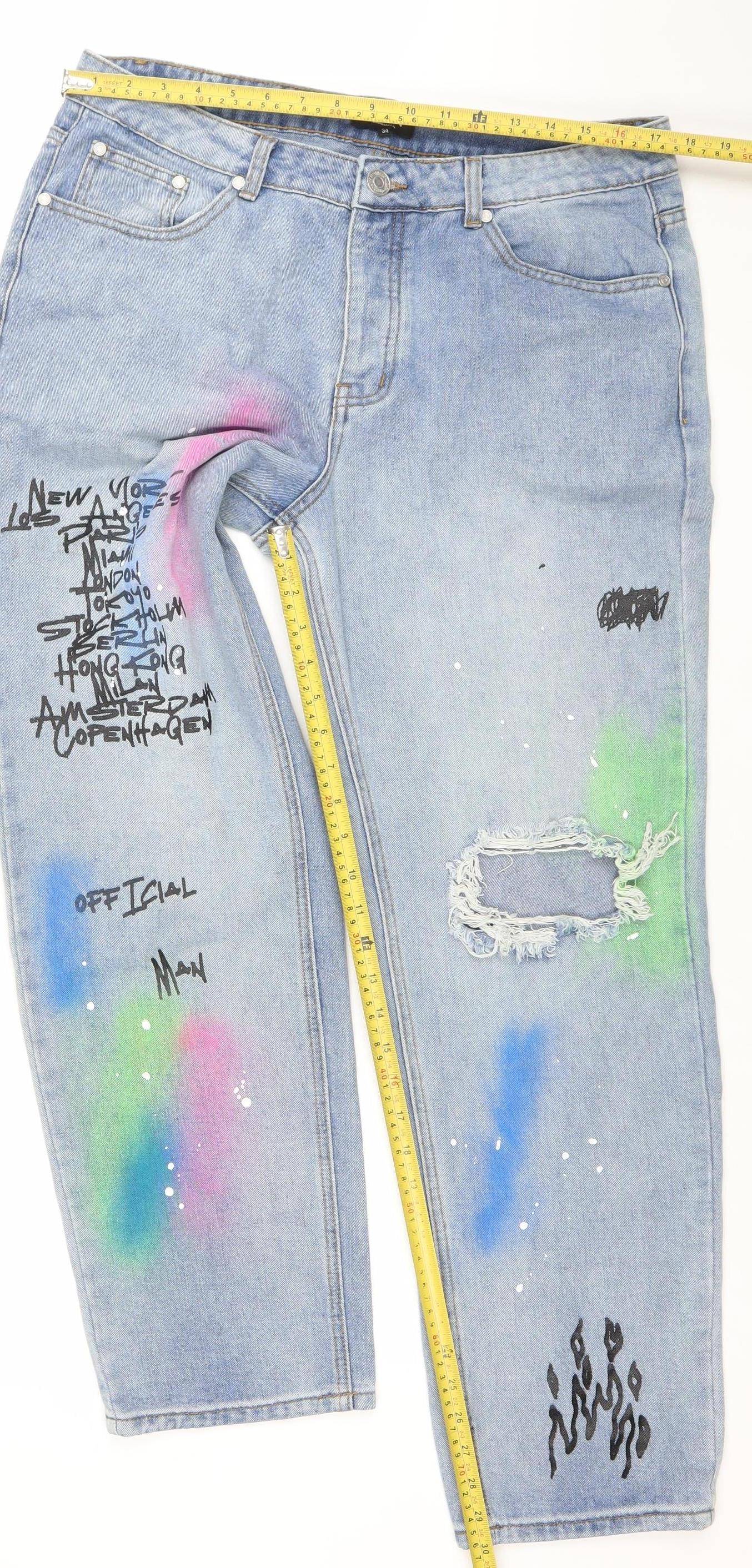 boohooMAN Men's Blue Distressed Spray Paint Graphic Straight Jeans Size 30