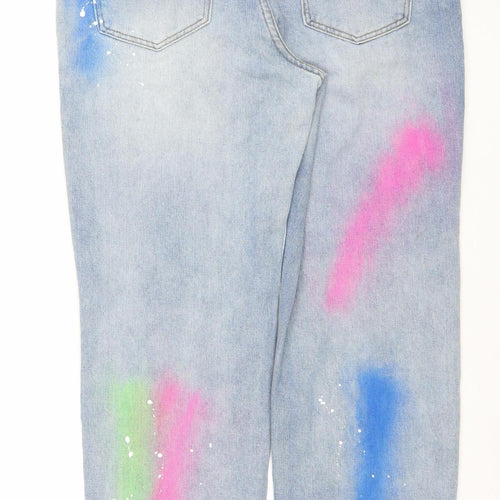 boohooMAN Men's Blue Distressed Spray Paint Graphic Straight Jeans Size 30