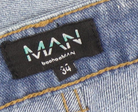boohooMAN Men's Blue Distressed Spray Paint Graphic Straight Jeans Size 30