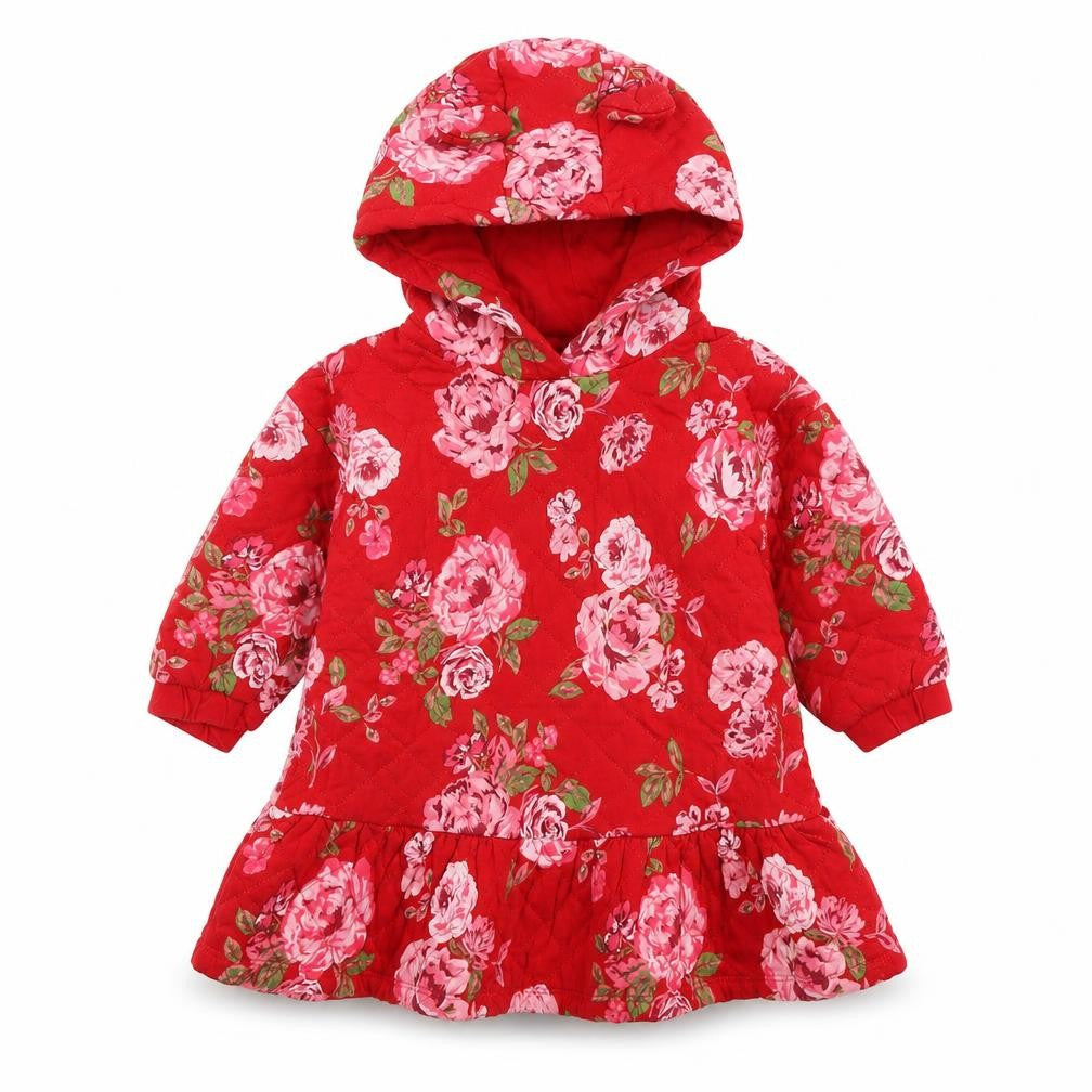 Next Girls Red Floral Quilted Hooded Fit & Flare Dress 2-3 Years