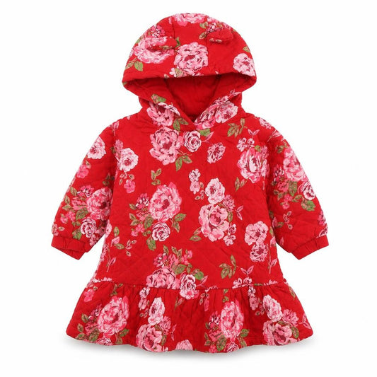 Next Girls Red Floral Quilted Hooded Fit & Flare Dress 2-3 Years
