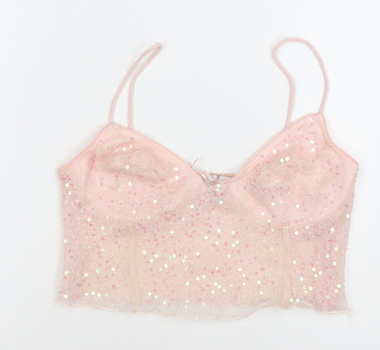 Bershka Women Pink Sequin Camisole Crop Top Size M