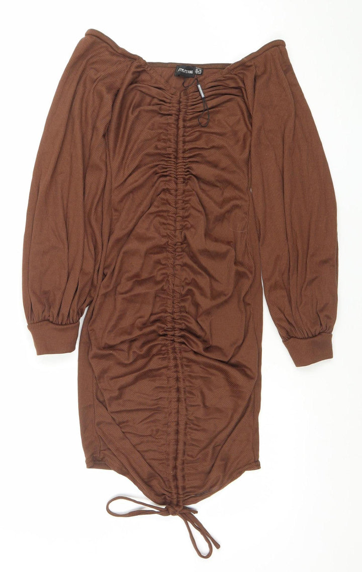 PrettyLittleThing Women's Brown Ruched Bodycon Mini Dress Size 10