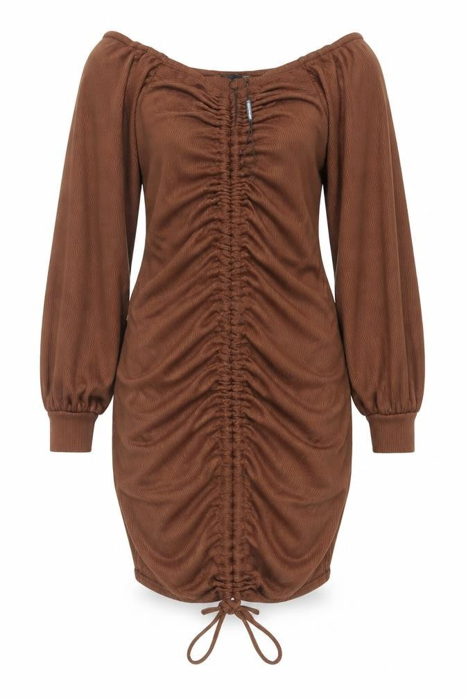 Front view of PRETTYLITTLETHING Women's Brown Ruched Bodycon Mini Dress, size 10