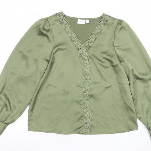 Vila Women’s Green Long Sleeve V-Neck Lace Trim Blouse Size 10