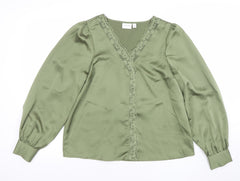 Vila Women’s Green Long Sleeve V-Neck Lace Trim Blouse Size 10