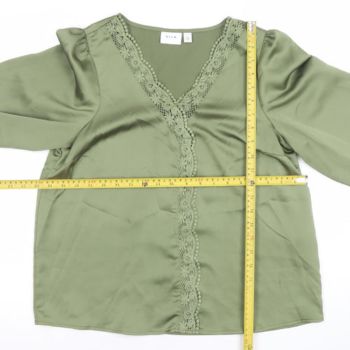 Vila Women’s Green Long Sleeve V-Neck Lace Trim Blouse Size 10
