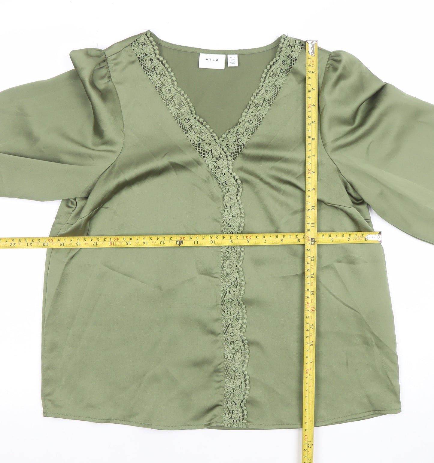 Vila Women’s Green Long Sleeve V-Neck Lace Trim Blouse Size 10