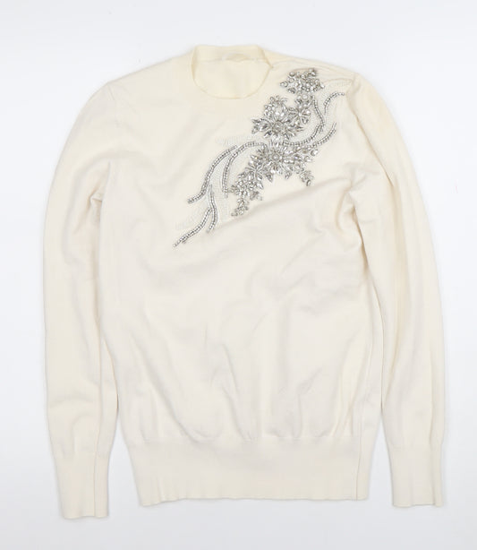 Saviior Women's Ivory Beaded Long Sleeve Knit Blouse Size 10