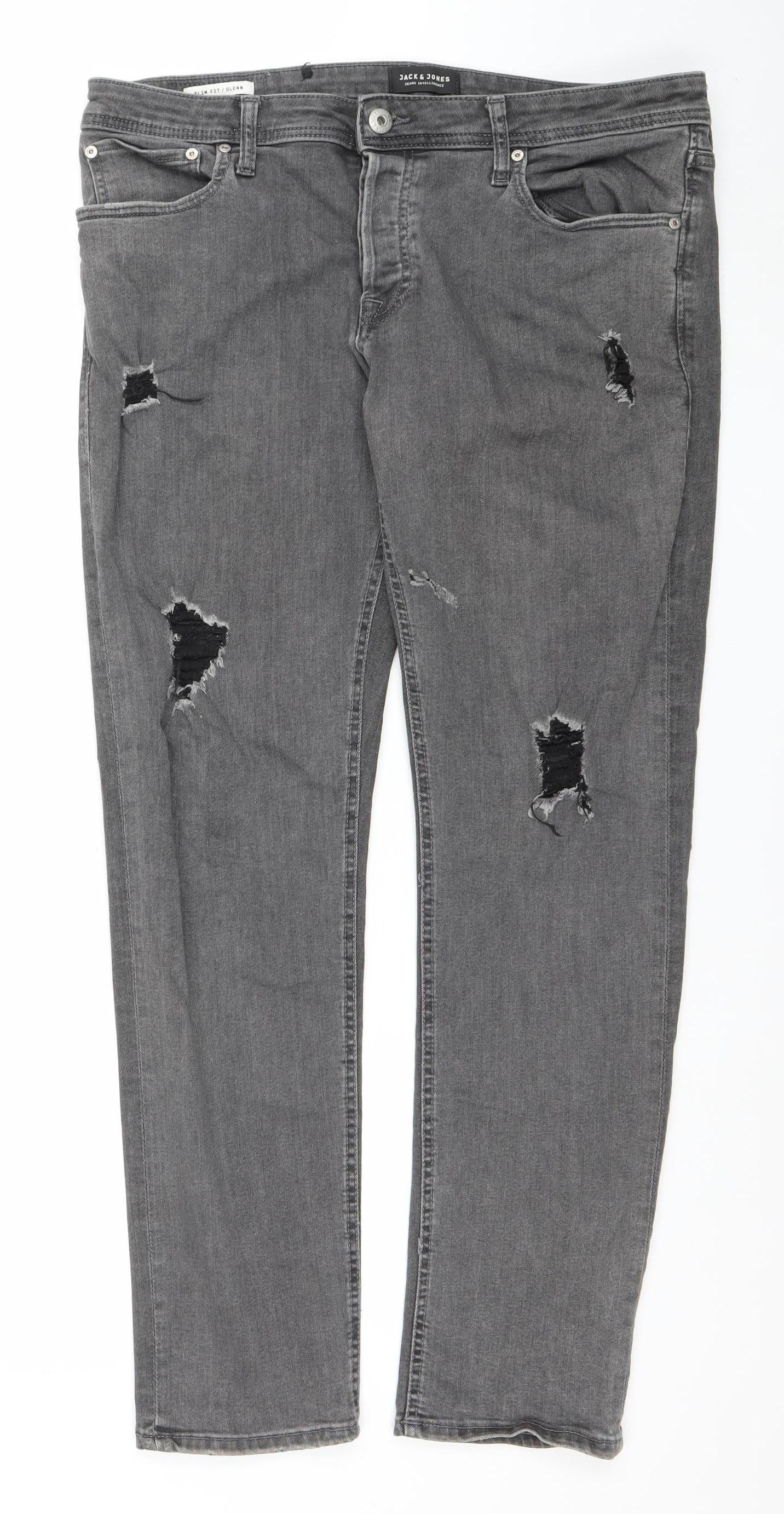 Jack & Jones Men’s Grey Denim Distressed Straight Jeans 38W 32L