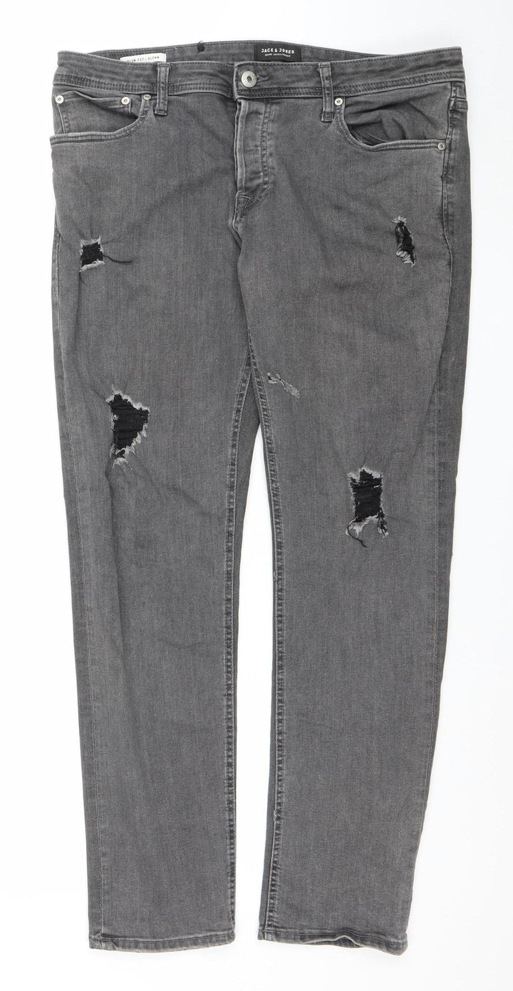 Jack & Jones Men’s Grey Denim Distressed Straight Jeans 38W 32L