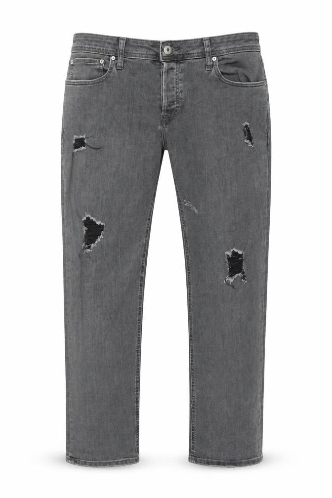 Front view of Jack & Jones Men’s Grey Denim Distressed Straight Jeans 38W 32L