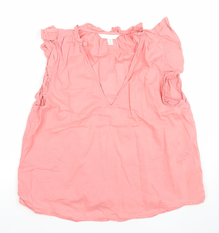 H&M Womens Pink 2XS Ruffle V-Neck Sleeveless Cotton Blouse