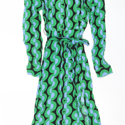 Stradivarius Womens Green Geometric Midi Shirt Dress XS