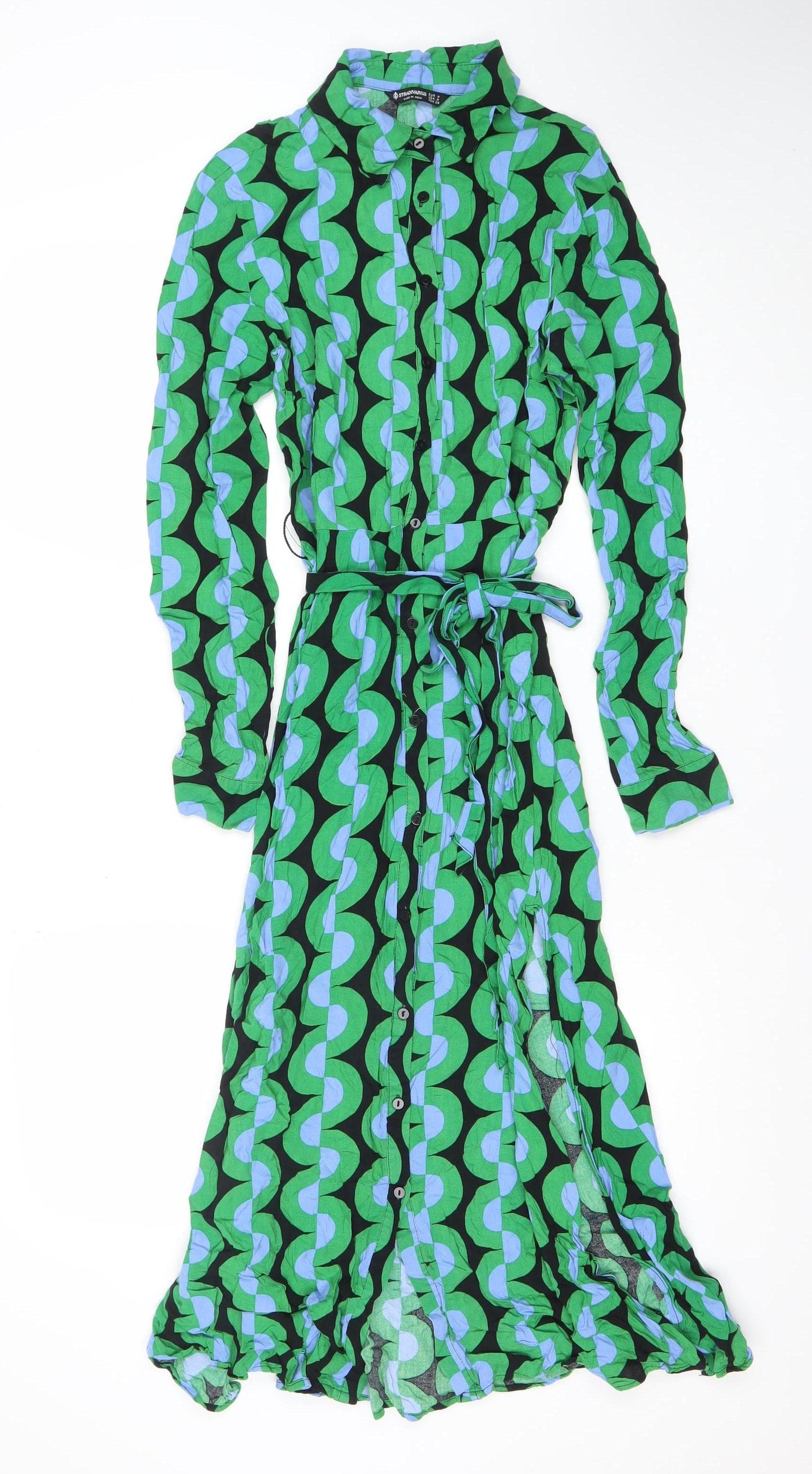 Stradivarius Womens Green Geometric Midi Shirt Dress XS