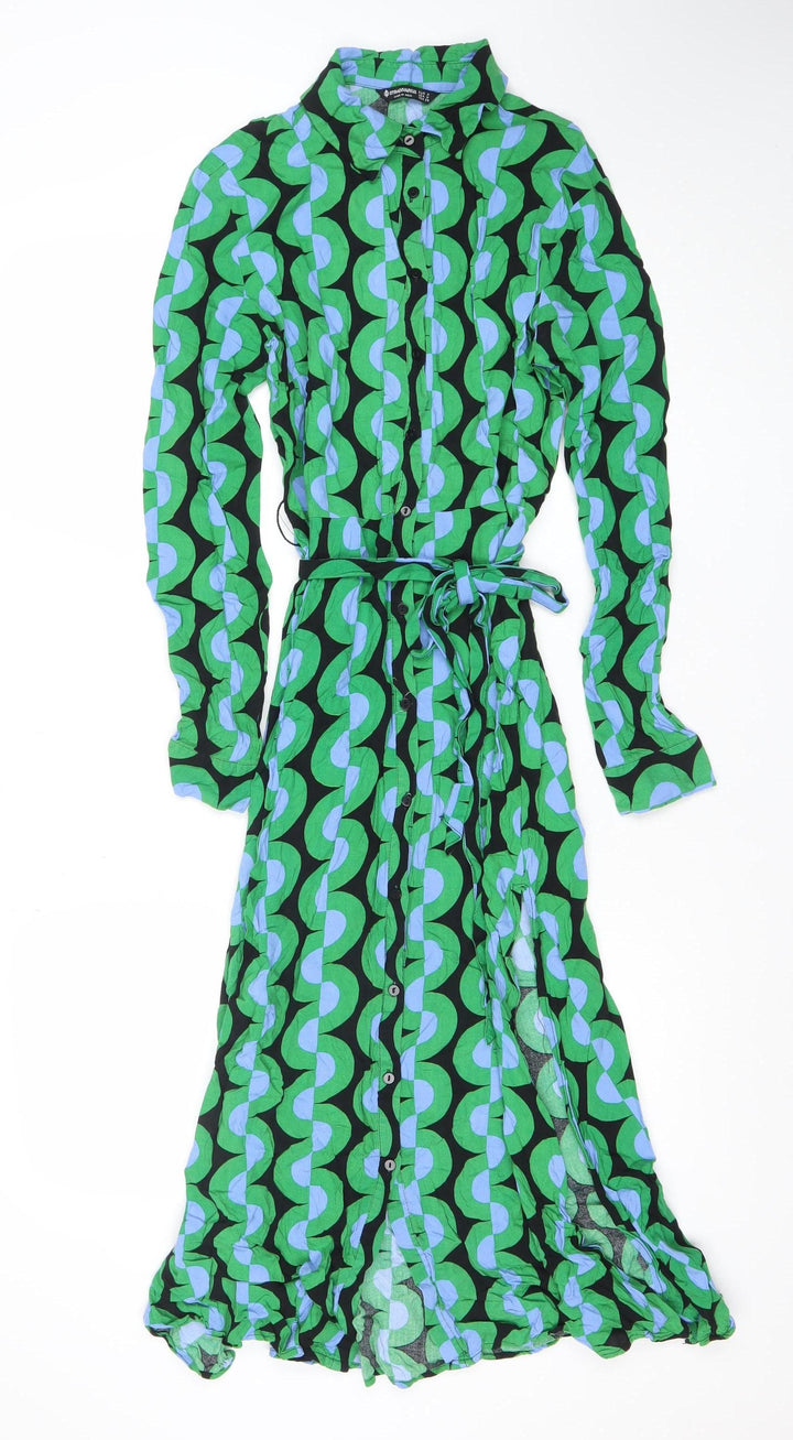 Stradivarius Womens Green Geometric Midi Shirt Dress XS