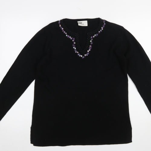 Said Woman Black Beaded V-Neck Acrylic Jumper Size 14-16