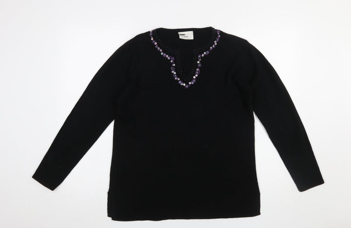 Said Woman Black Beaded V-Neck Acrylic Jumper Size 14-16