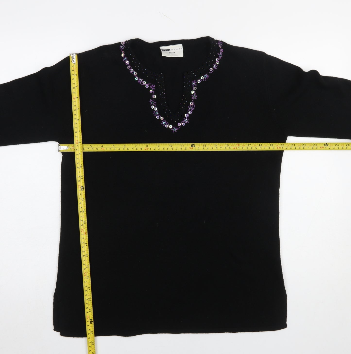 Said Woman Black Beaded V-Neck Acrylic Jumper Size 14-16