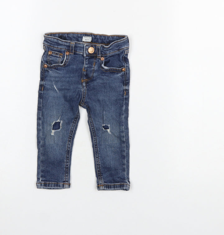 River Island Mini Blue Denim Jeans 9-12 Months Unisex Ripped Stretch