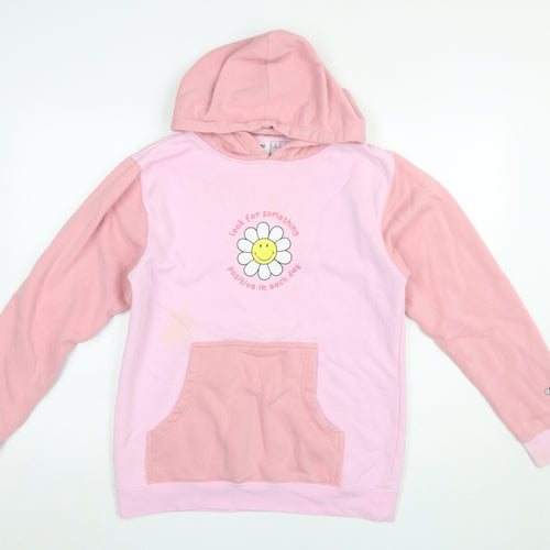 BSR Smiley Pink Colourblock Hoodie Women's S Graphic Flower Cotton Blend