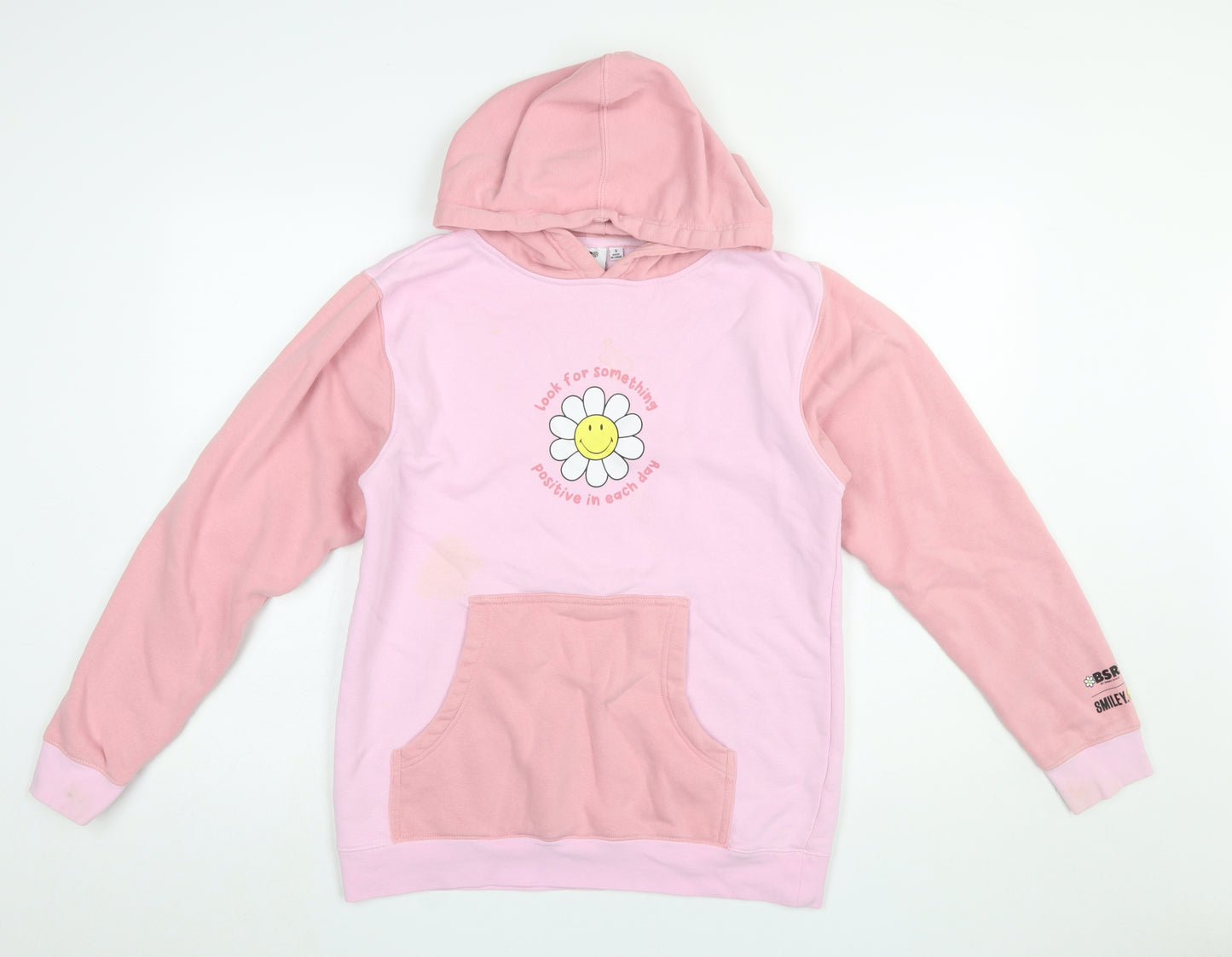 BSR Smiley Pink Colourblock Hoodie Women's S Graphic Flower Cotton Blend