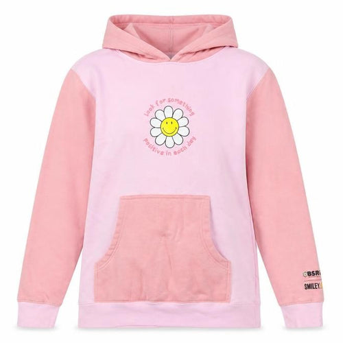 BSR Smiley Pink Colourblock Hoodie Women's S Graphic Flower Cotton Blend