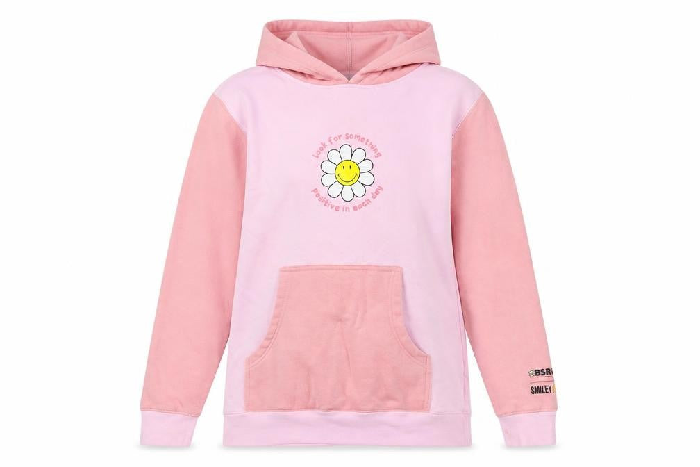 BSR Smiley Pink Colourblock Hoodie Women's S Graphic Flower Cotton Blend