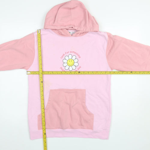 BSR Smiley Pink Colourblock Hoodie Women's S Graphic Flower Cotton Blend