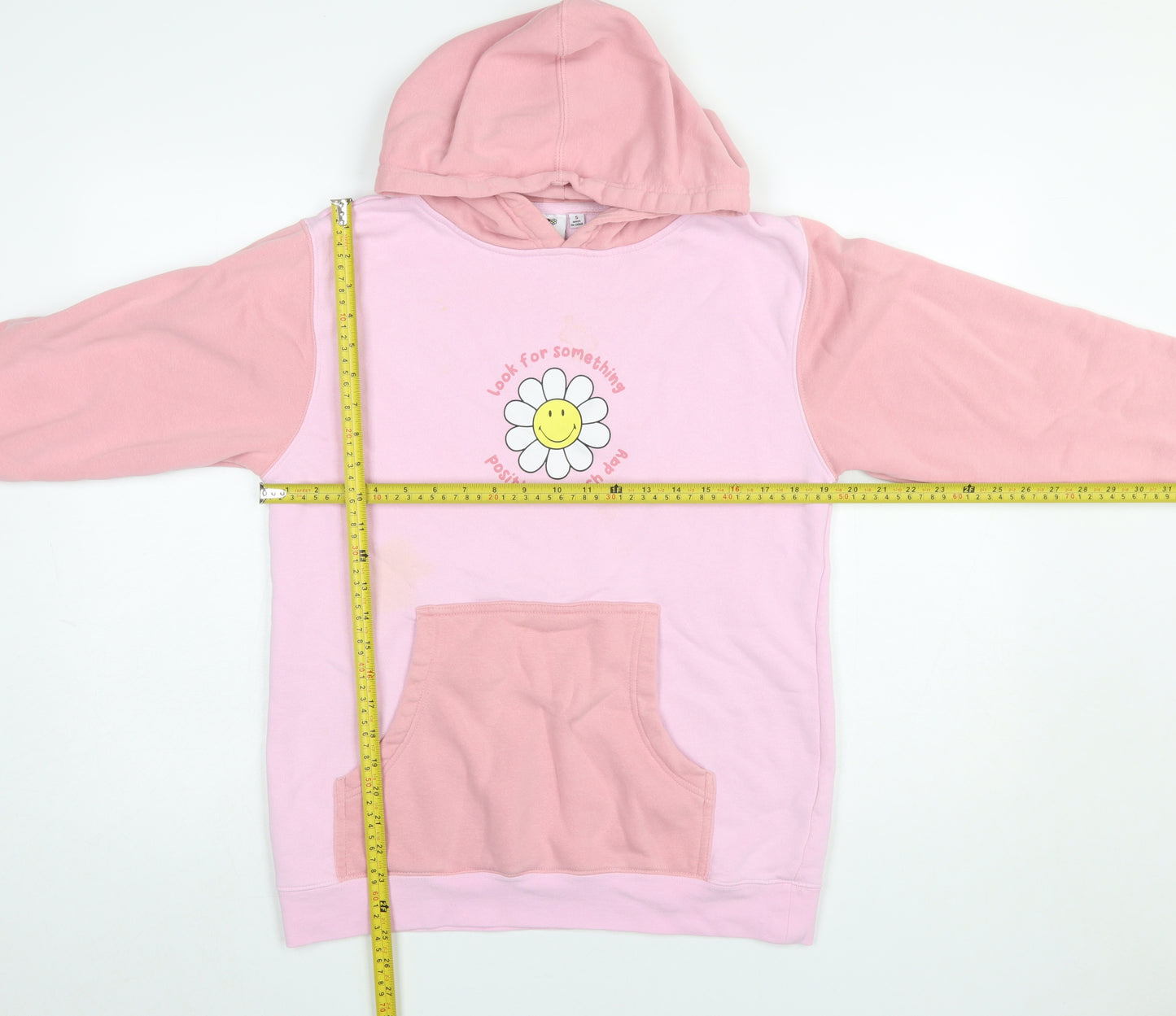 BSR Smiley Pink Colourblock Hoodie Women's S Graphic Flower Cotton Blend