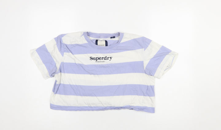 Superdry Women’s Lilac White Cropped Striped Cotton T-Shirt UK 8