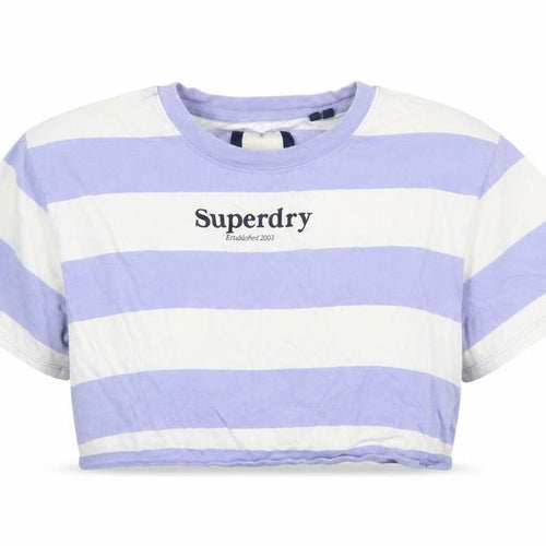 Superdry Women’s Lilac White Cropped Striped Cotton T-Shirt UK 8