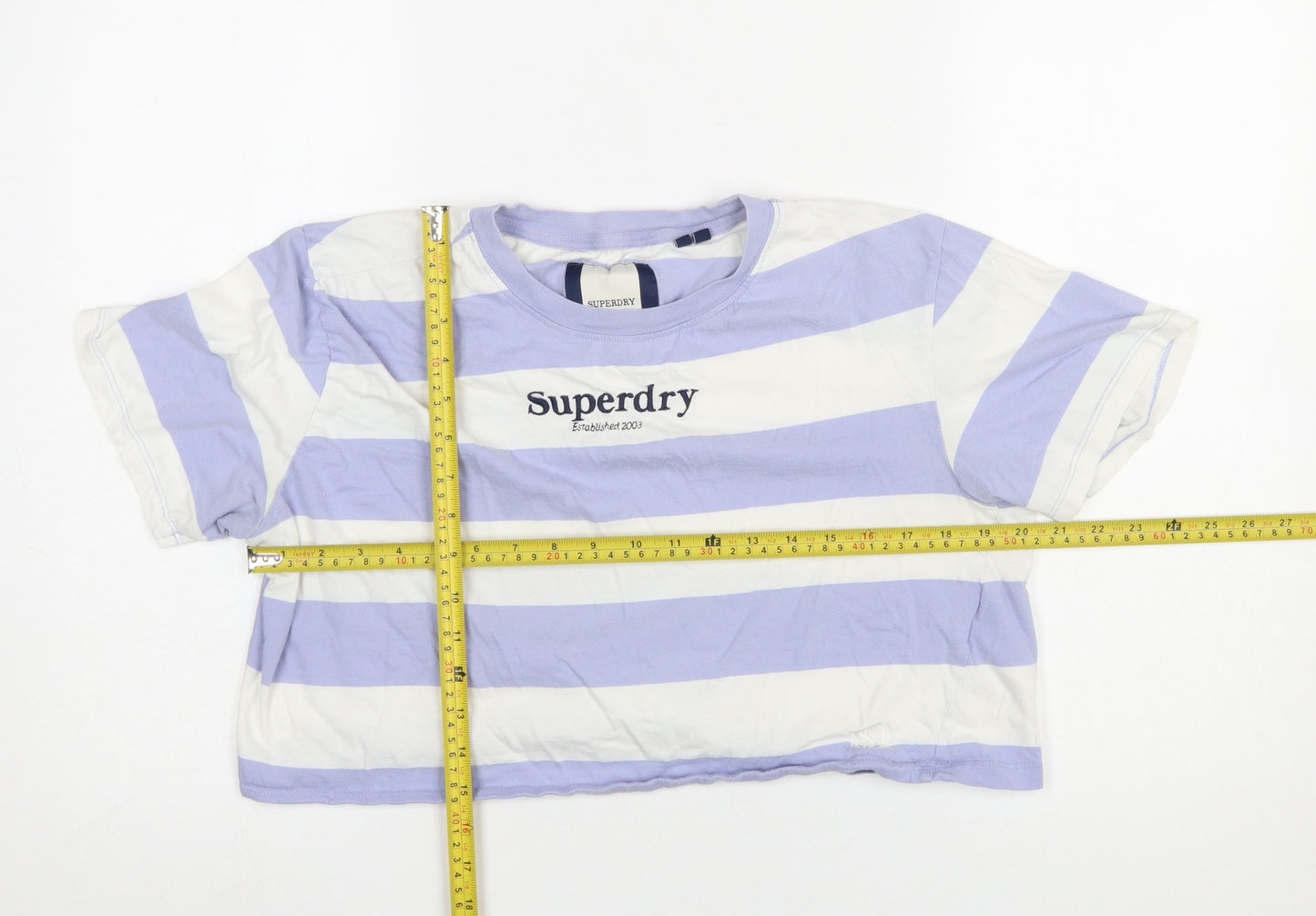 Superdry Women’s Lilac White Cropped Striped Cotton T-Shirt UK 8