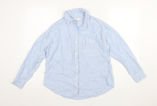 Hollister Women's Blue Striped Linen Blend Button-Up Shirt Size M