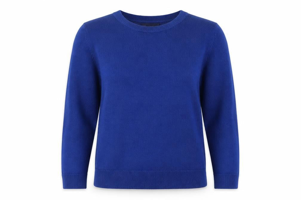 Front view of Marks & Spencer women’s blue acrylic crew neck jumper, size UK 10