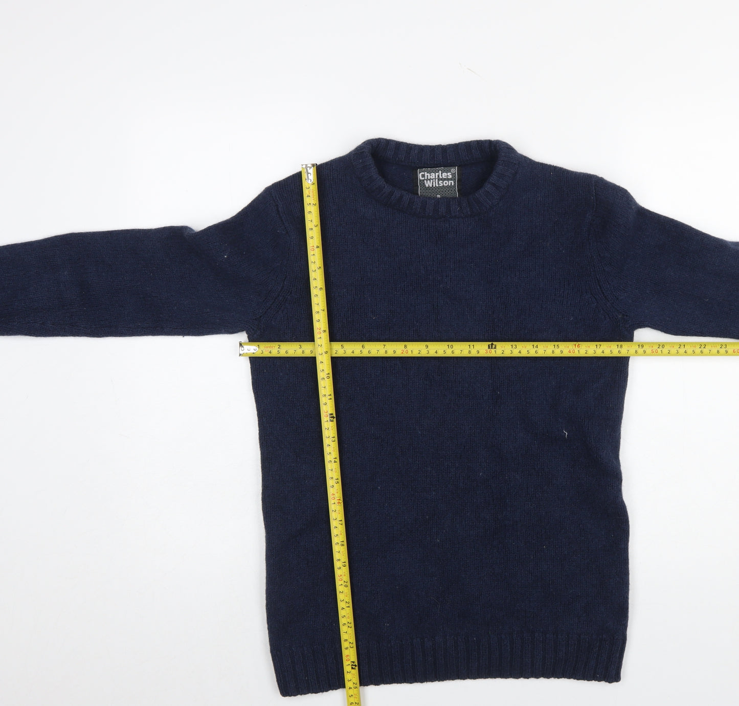 Charles Wilson Men's Blue Wool Cotton Crew Neck Jumper Size S
