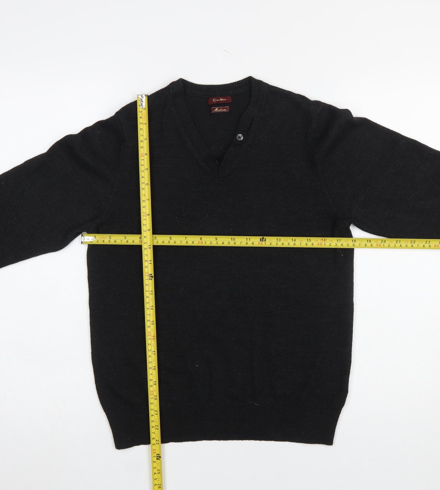 River Island Men's Black V-Neck Wool Blend Jumper Medium