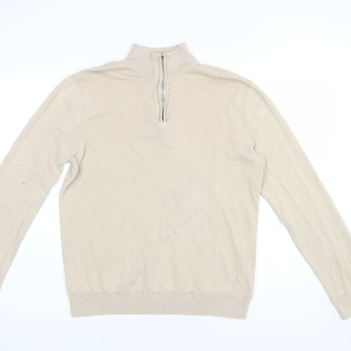 Topman Men Beige 1/4 Zip High Neck Cotton Jumper M