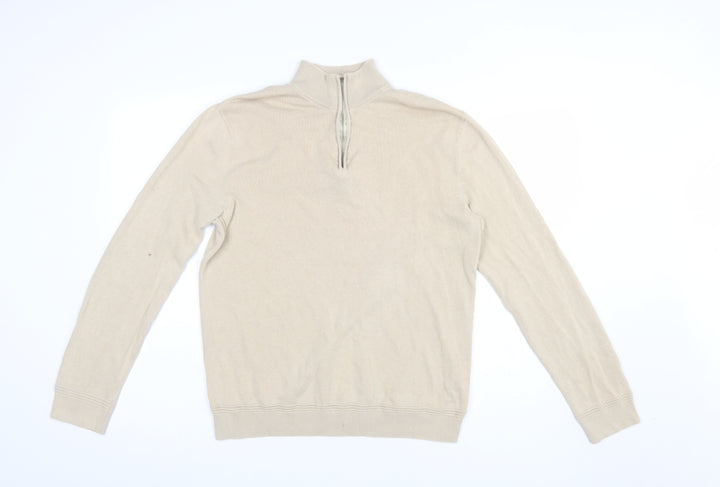Topman Men Beige 1/4 Zip High Neck Cotton Jumper M