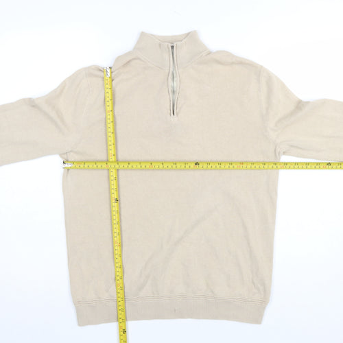 Topman Men Beige 1/4 Zip High Neck Cotton Jumper M