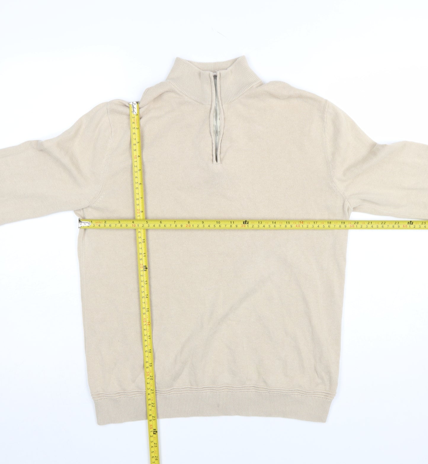 Topman Men Beige 1/4 Zip High Neck Cotton Jumper M