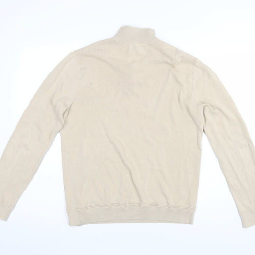 Topman Men Beige 1/4 Zip High Neck Cotton Jumper M