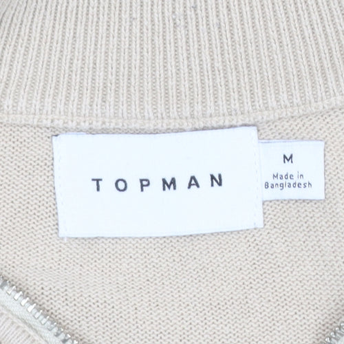 Topman Men Beige 1/4 Zip High Neck Cotton Jumper M