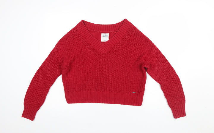 Hollister Women's Red V-Neck Chunky Knit Jumper Size S