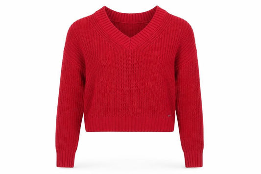 Front view of Hollister Women's Red V-Neck Chunky Knit Jumper, size S