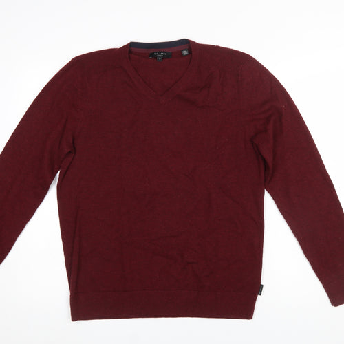Ted Baker Men's Red Wool Blend V-Neck Jumper Size L
