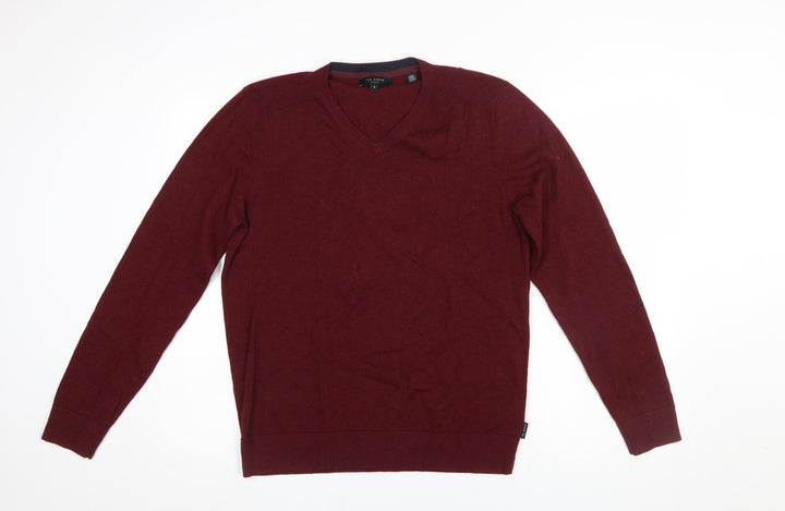 Ted Baker Men's Red Wool Blend V-Neck Jumper Size L