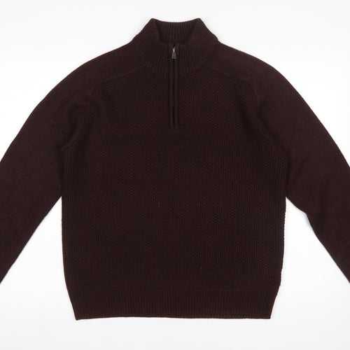 Marks and Spencer Men's Brown 1/4 Zip High Neck Acrylic Jumper M