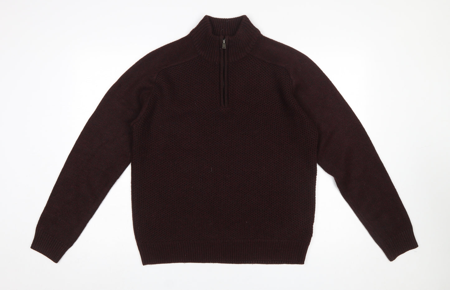 Marks and Spencer Men's Brown 1/4 Zip High Neck Acrylic Jumper M